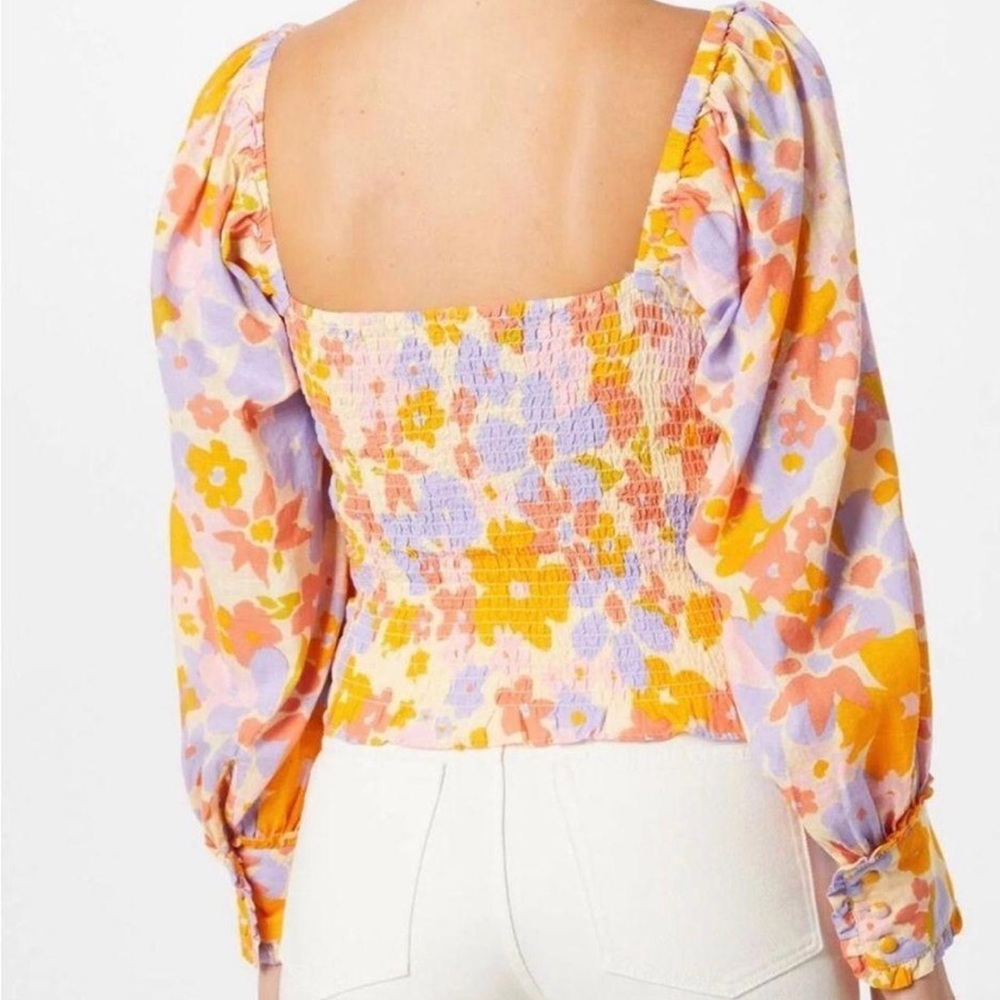 Free People Size Large Floral Smocked Top Cotton Balloon Sleeve Orange Blue Pink - Picture 3 of 16